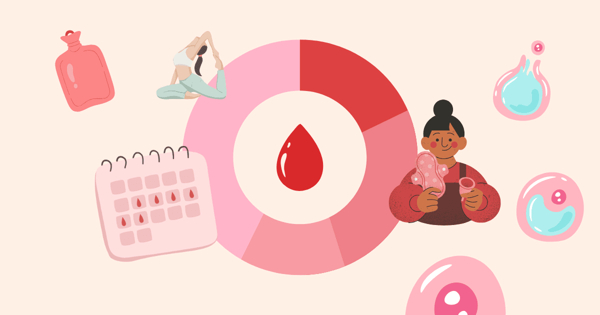 Ilustración con Calendario menstrual y doodles referentes a las fases del ciclo.