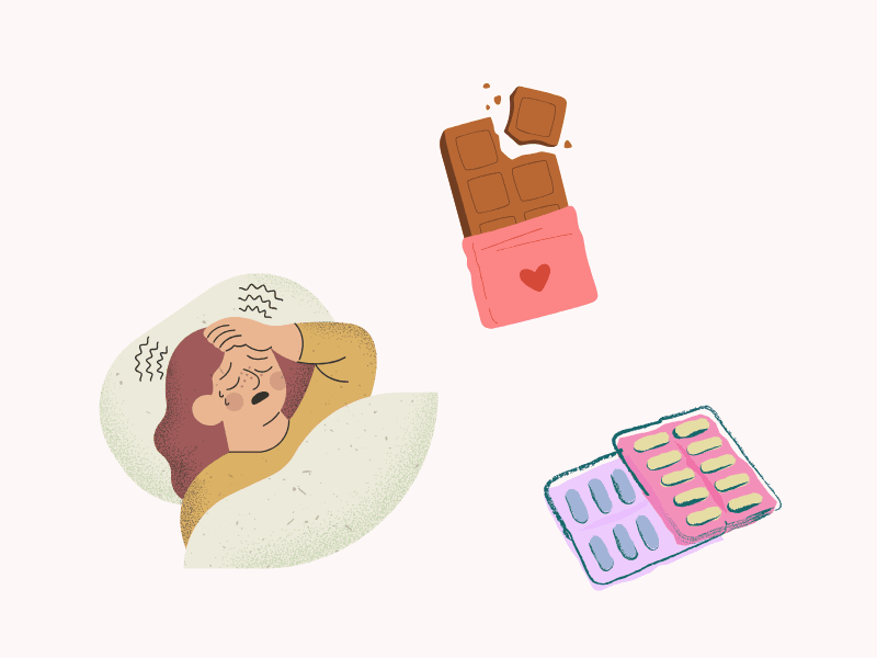 fases_del_ciclo_fase_lútea Ilustraciones referentes a la fase lútea: píldoras, mujer con dolor de cabeza y chocolate